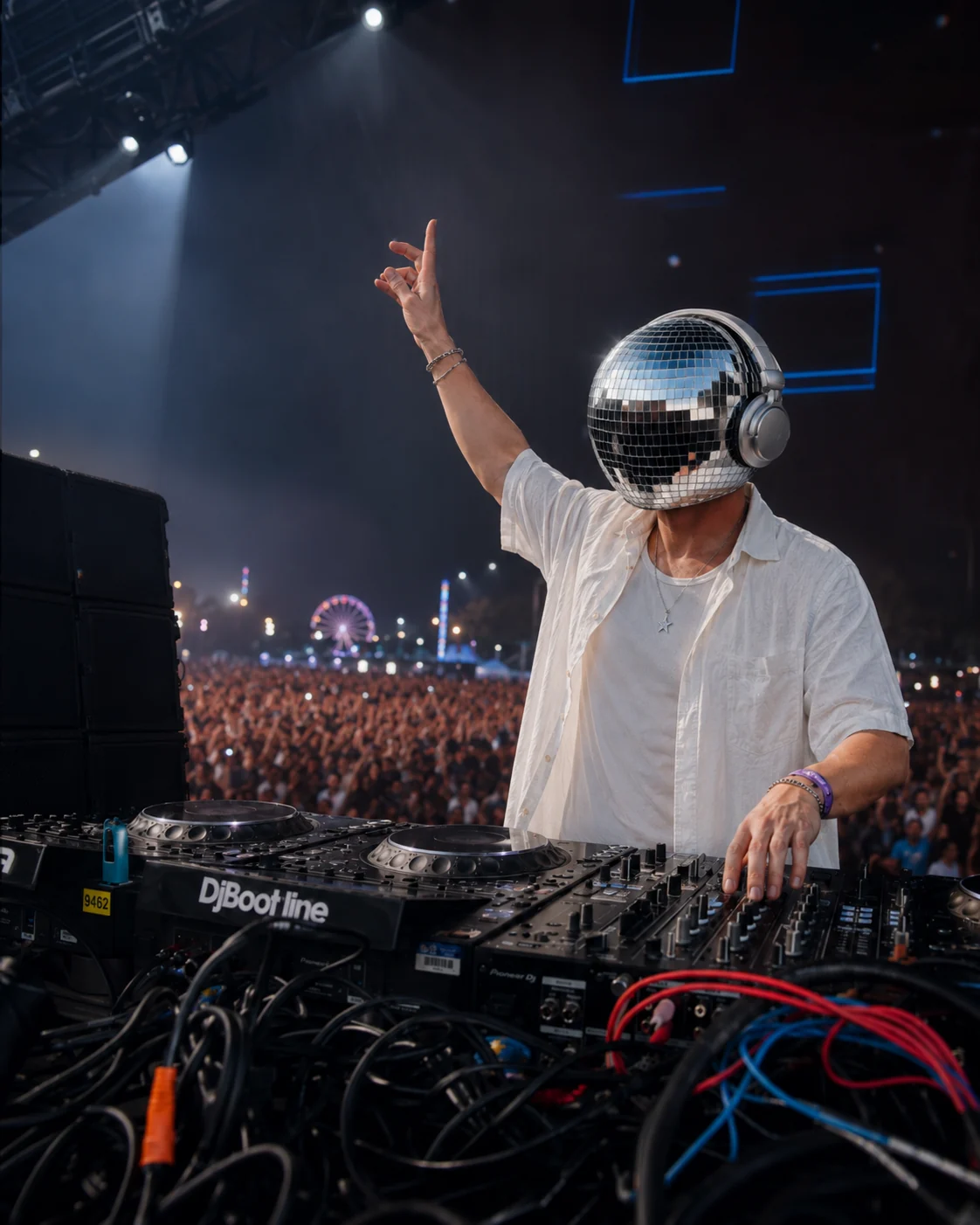 STARBØY raising one hand above DJ decks before a festival crowd