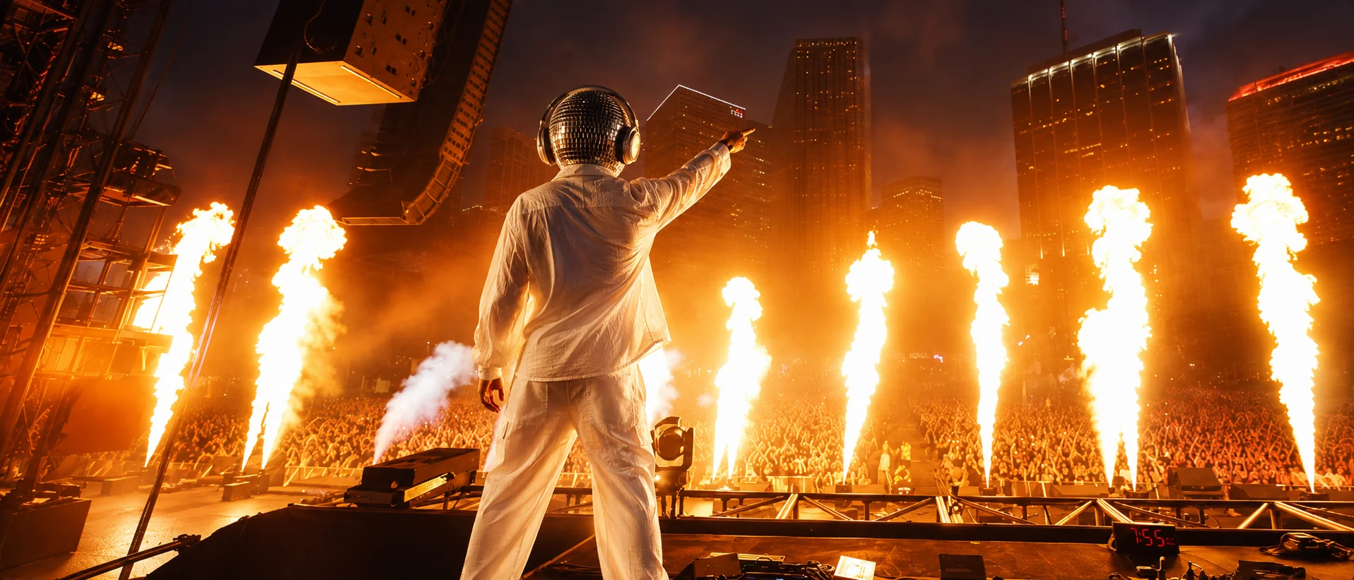 STARBØY facing a festival crowd amid orange stage flames